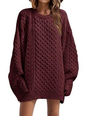 Women's Burgundy Oversized Sweaters Chunky Cable Knit Tunic Long Winter Sweater